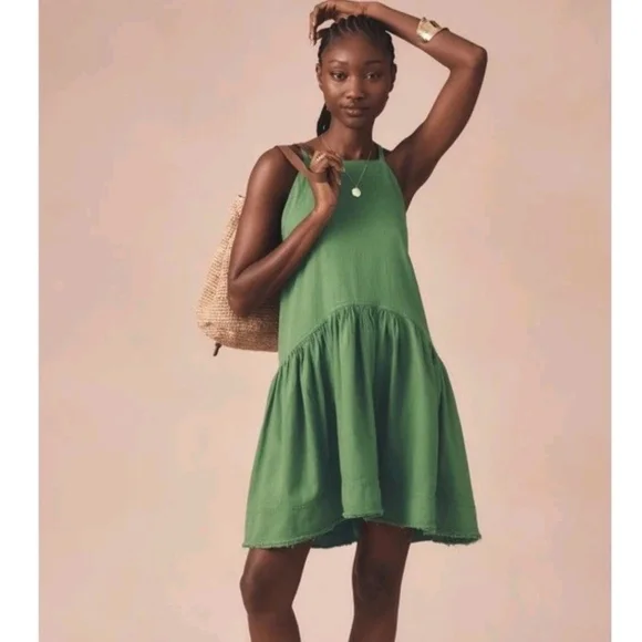 Pilcro Anthropologie Kayla Flounce Green Denim Drop Waist Mini Dress Sz M - Picture 3 of 13